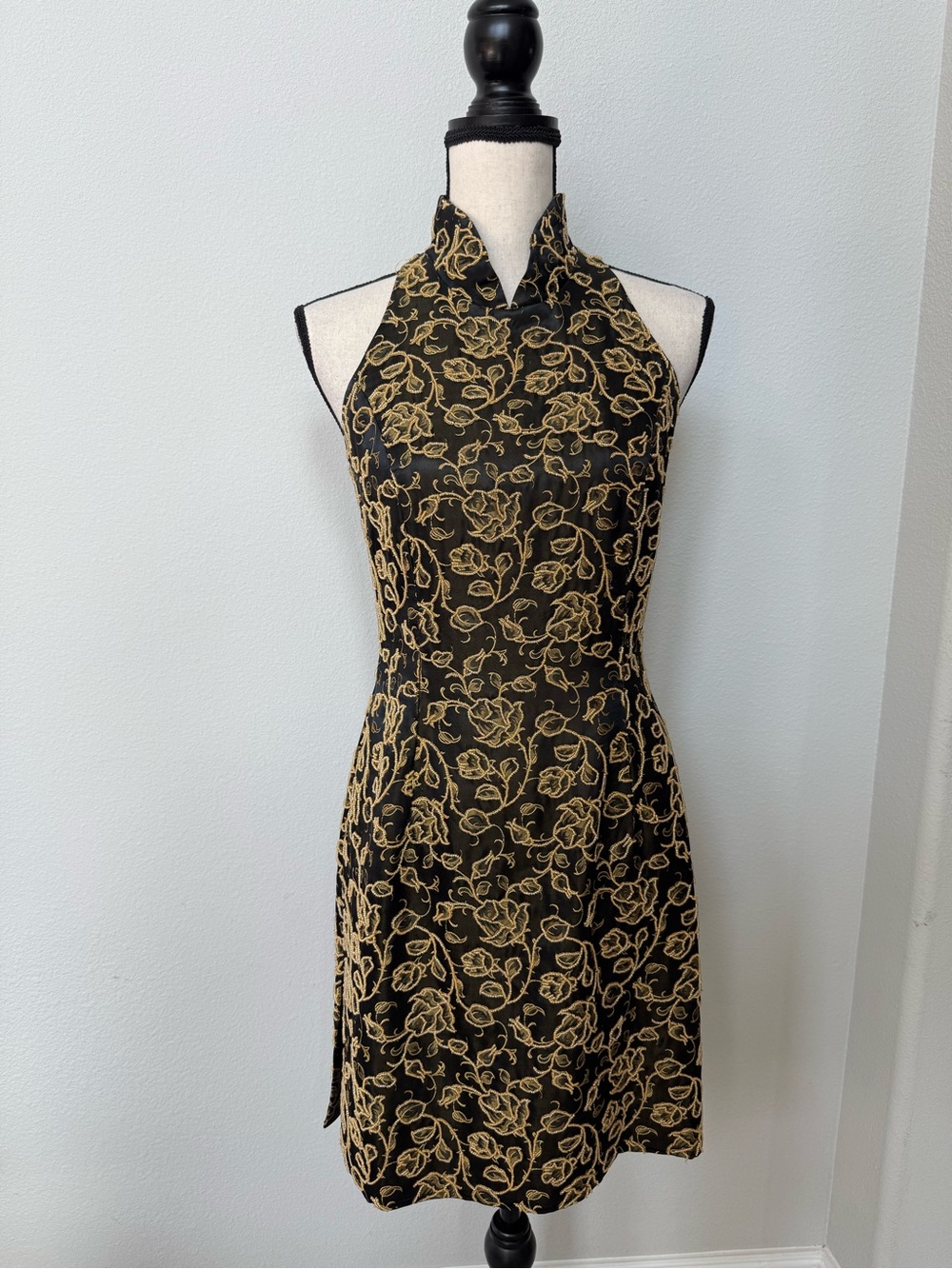 Carmen Marc Valvo Vintage Black & Gold Beaded Floral Cocktail Dress